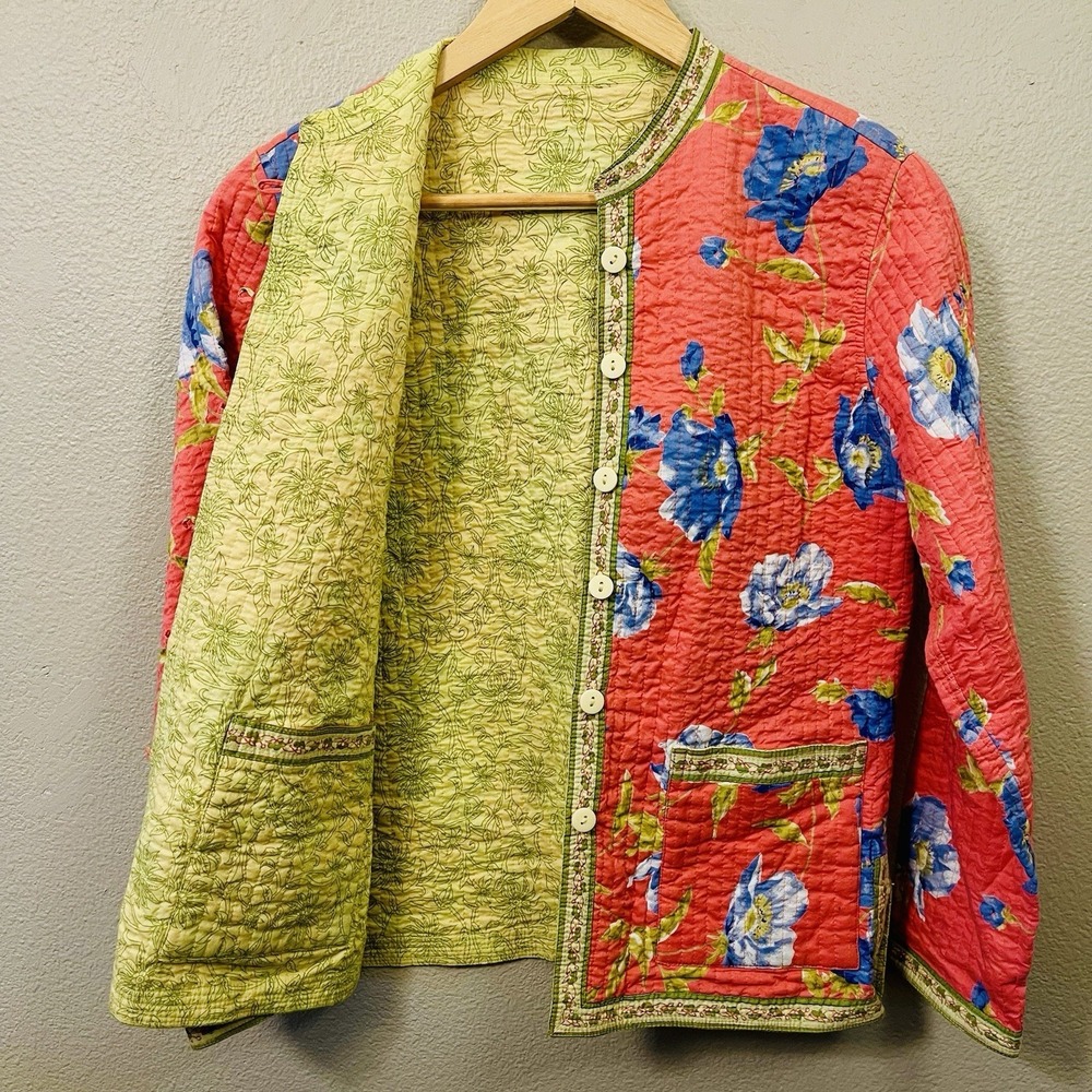 Handmade Floral Reversible Spring Jacket Cotton Coral Yellow Cottage Bloom Sz M‎